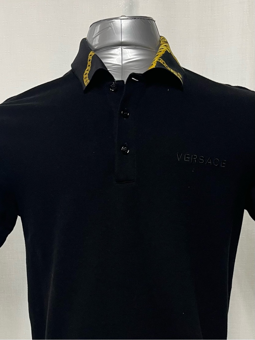 Versace Black Piqué Cotton Polo Shirt Gold Baroque Geometric Trim Collar